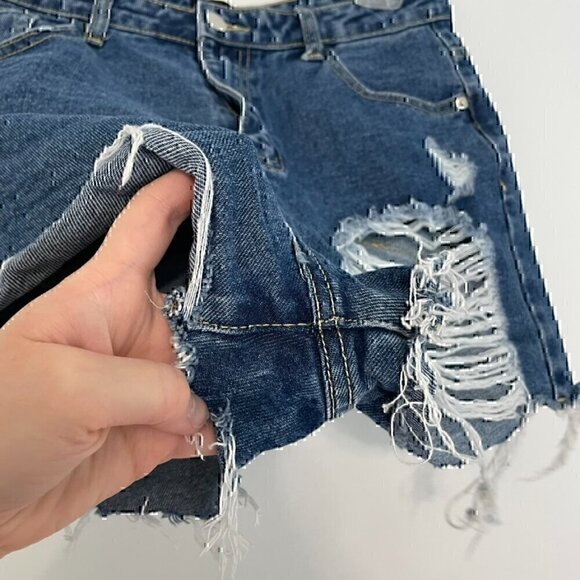 PRETTYLITTLETHING Dark Blue Wash Distressed Denim Mom Shorts Ripped High Waisted - Picture 10 of 15